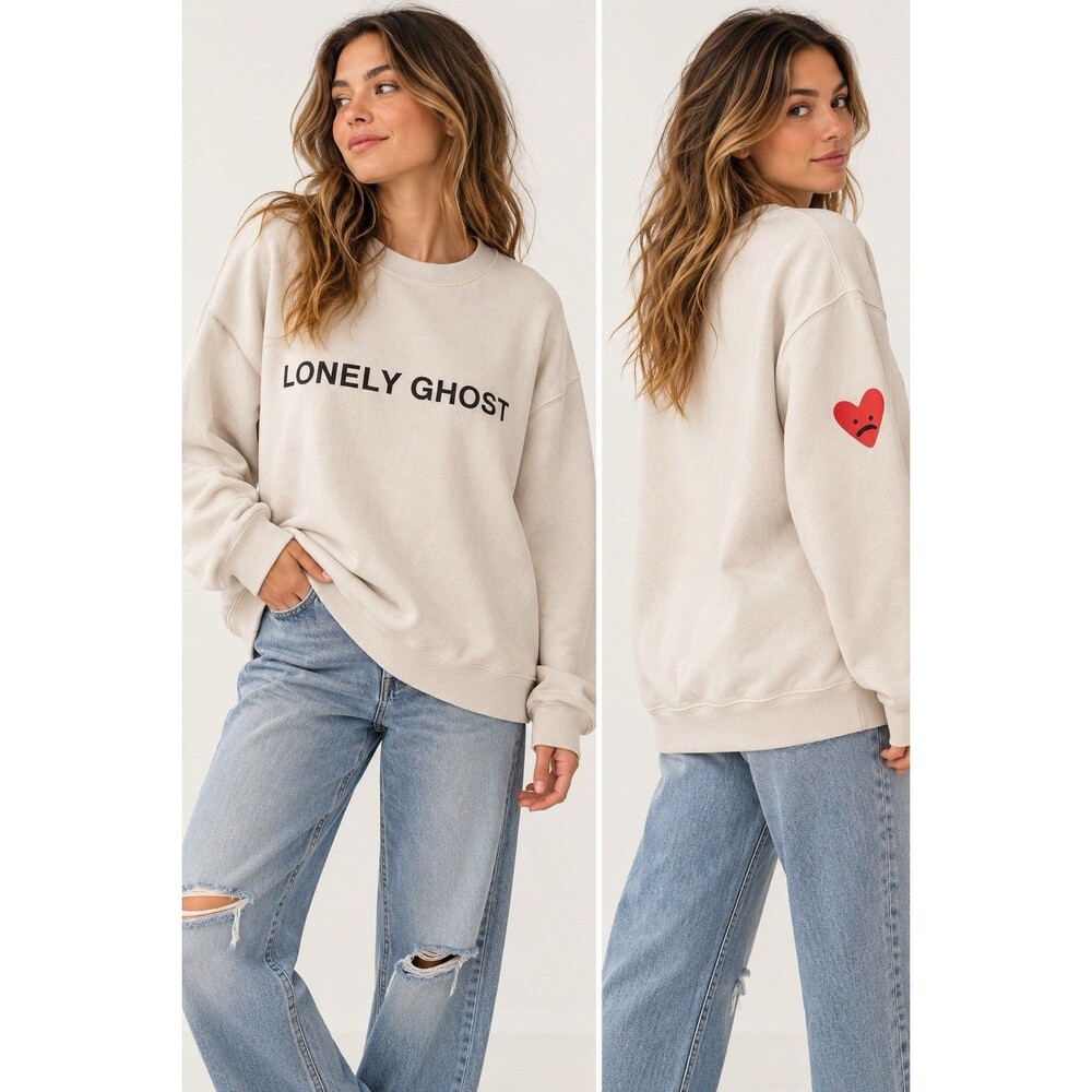 Lonely Ghost Heart On My Sleeve Cream Crewneck Sweatshirt Size Medium